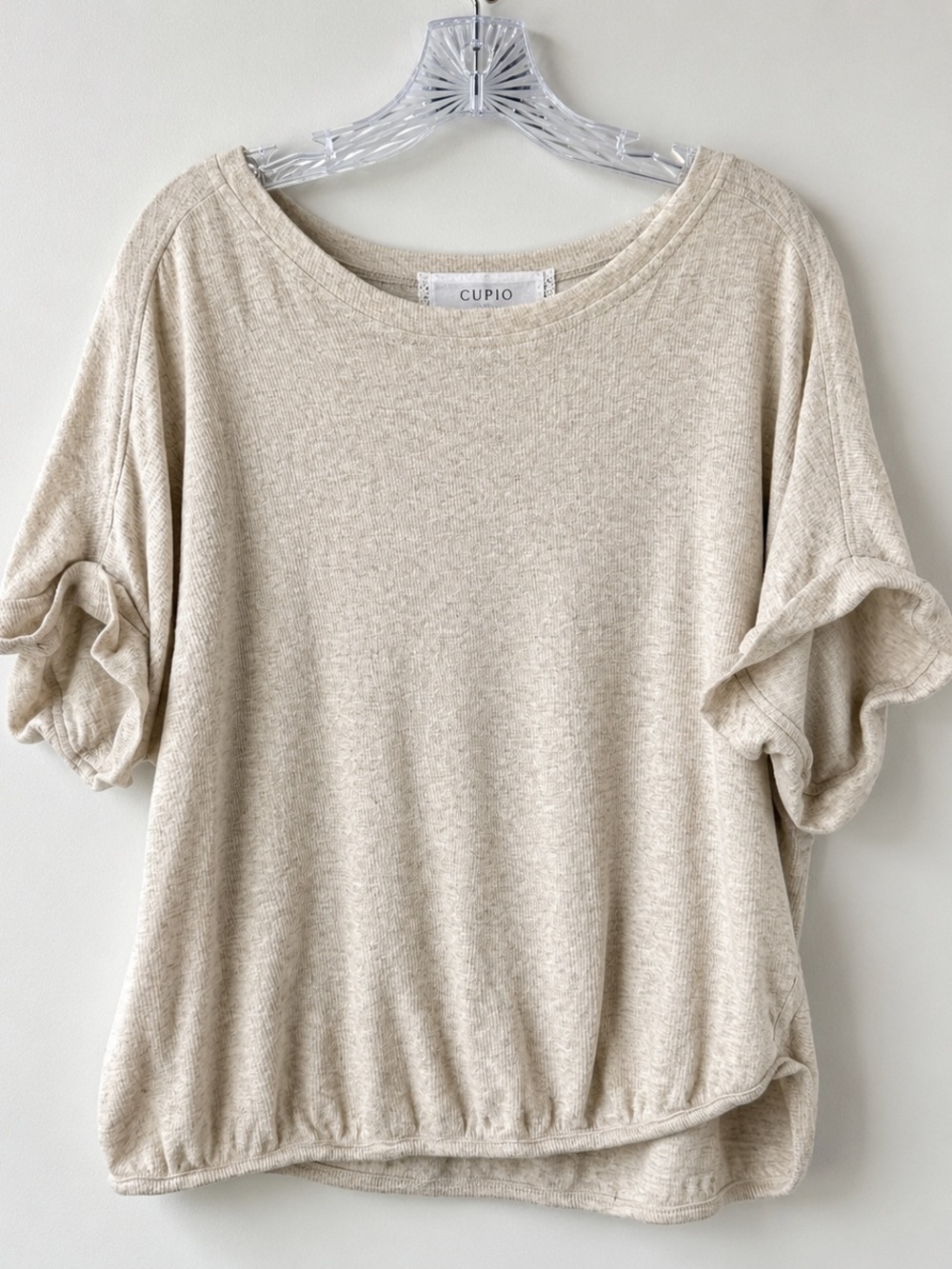 Cupio XL Oatmeal Textured Knit Dolman Sleeve Top Boho Oversized Bubble Hem